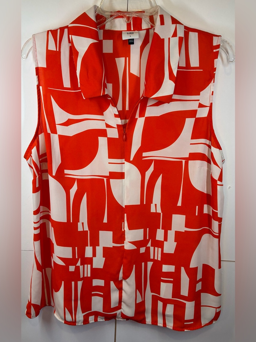 CAbi Orange White Abstract Print Sleeveless Partial Zip Front Blouse Size Large